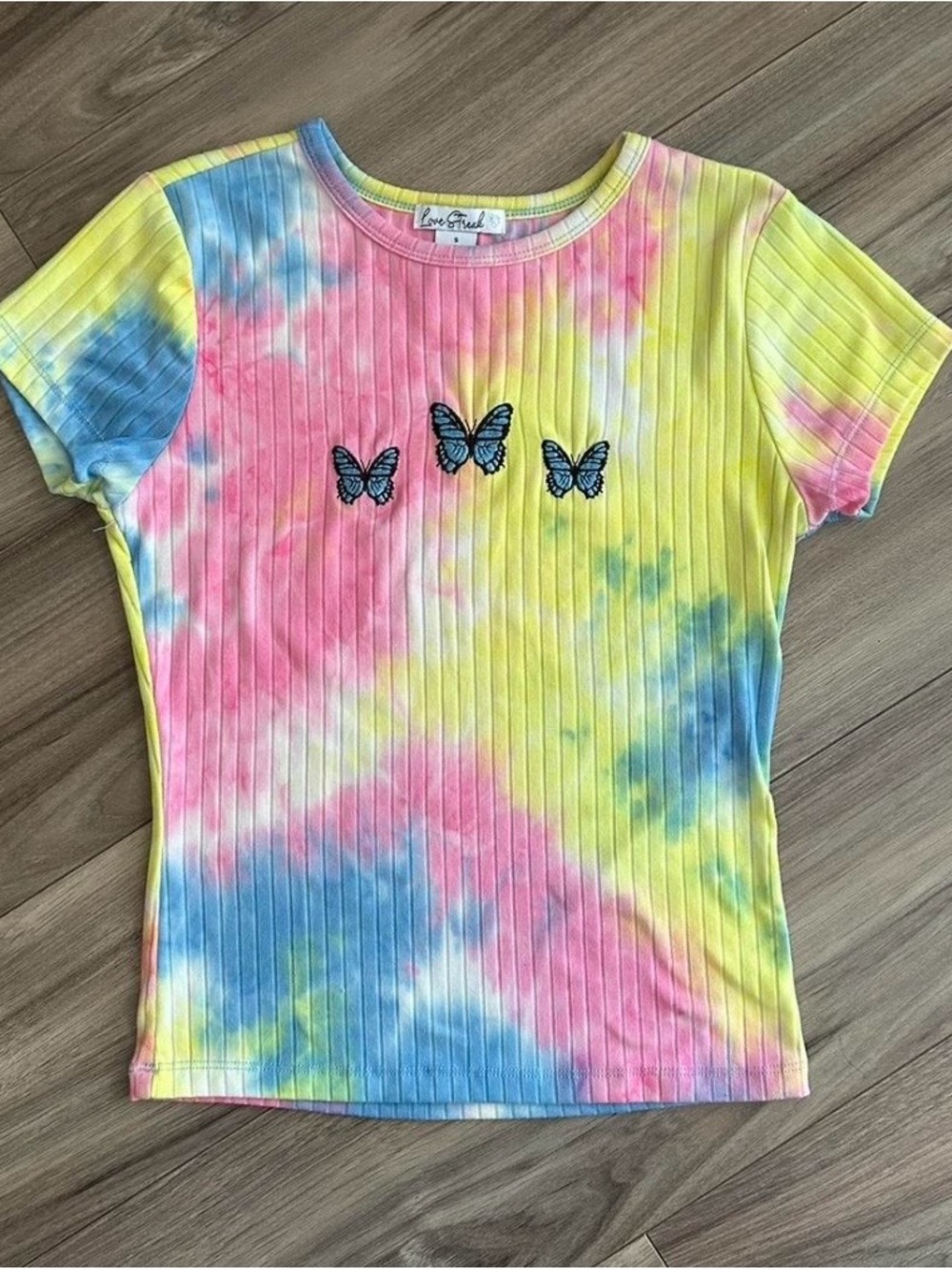 Love Tree Girls' Tie-Dye Butterfly Ribbed Tee - Pink, Yellow, Blue